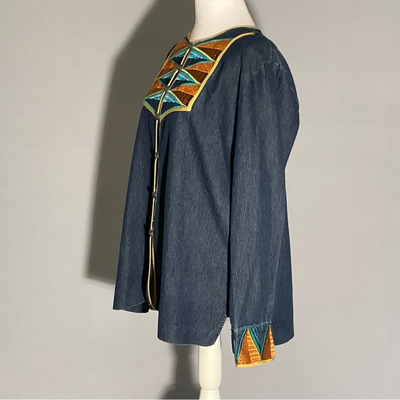 Bob Mackie Med Wearable Art Denim Shirt Inset/Cuffs Colorful Tribal Embroidery - Picture 9 of 16